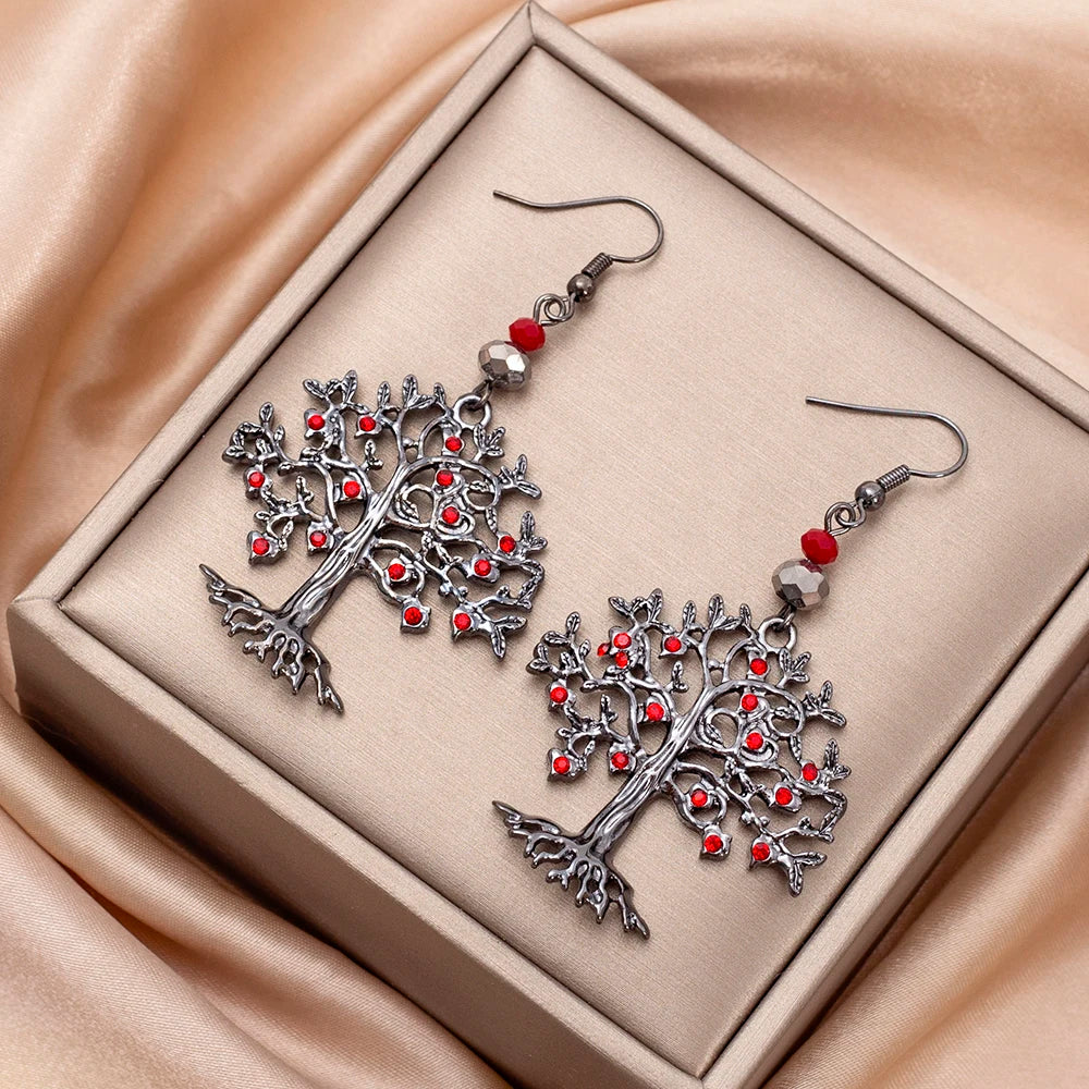 Boucles d'Oreilles Pendantes pour Femme Arbre de Vie rouge