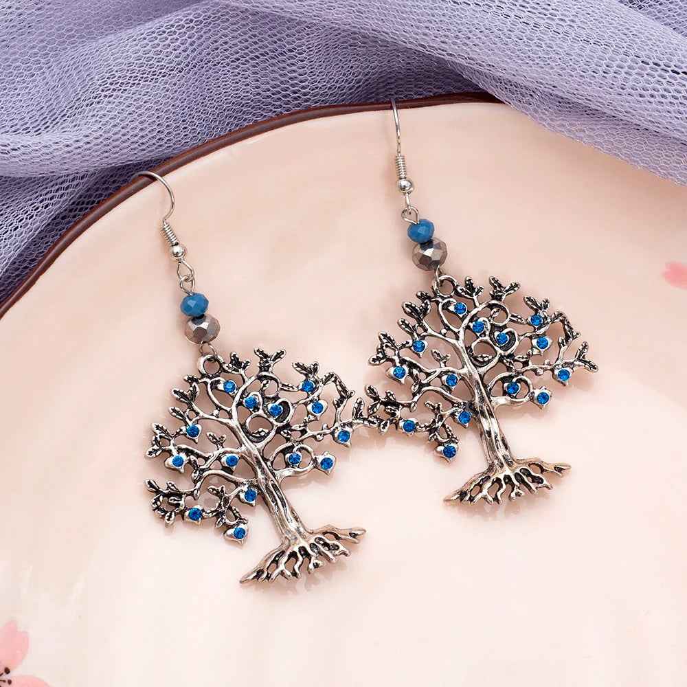 Boucles d'Oreilles Pendantes pour Femme Arbre de Vie bleu