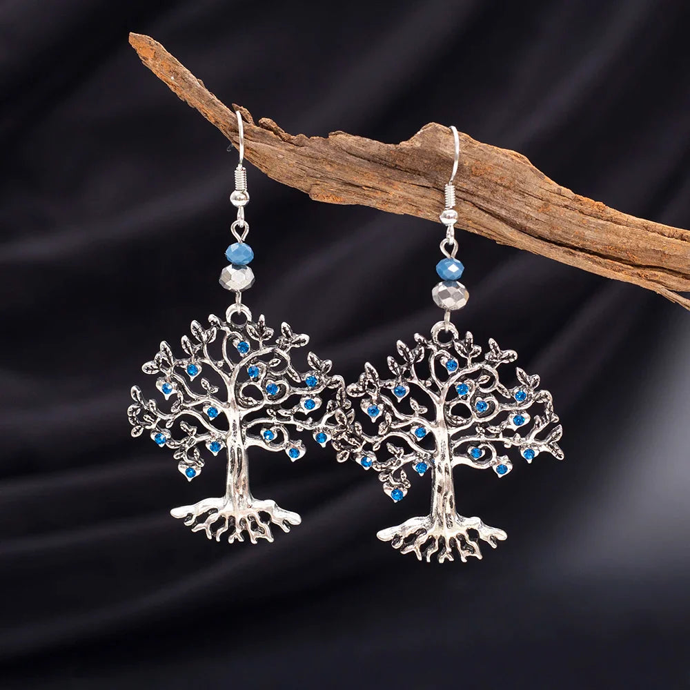 Boucles d'Oreilles Pendantes pour Femme Arbre de Vie bleu