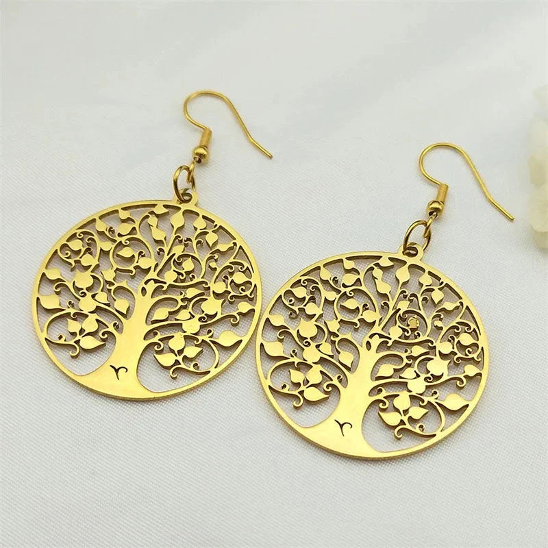 Boucles d'Oreilles Pendantes Rondes Arbre de vie or