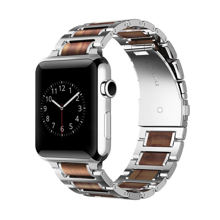 Bransoletka Apple Watch z drewna w kolorze srebrnym i brązowym