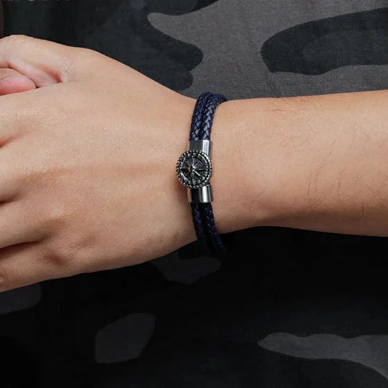 Bransoletka Kompas Męska Skórzana Kompas Róża Wiatrów czarna