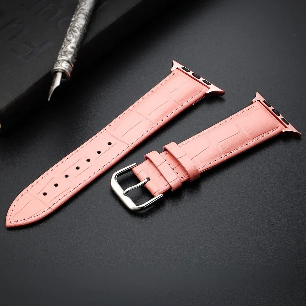 Wymienny pasek do Apple Watch ze skóry i stali w kolorze różowym