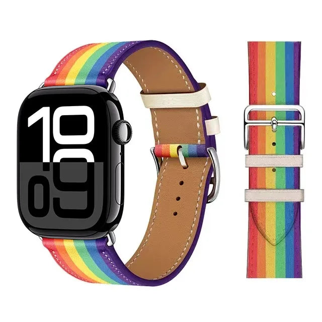 Skórzany tęczowy pasek zamienny do Apple Watch dla kobiet i mężczyzn