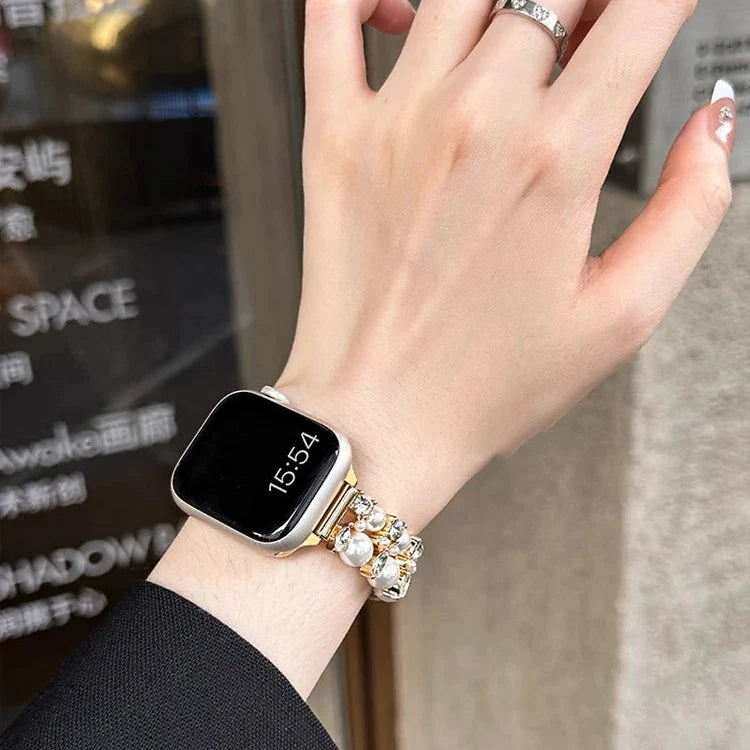 Wymienny pasek do Apple Watch z cyrkoniami i perłami w kolorze złotym z perłami