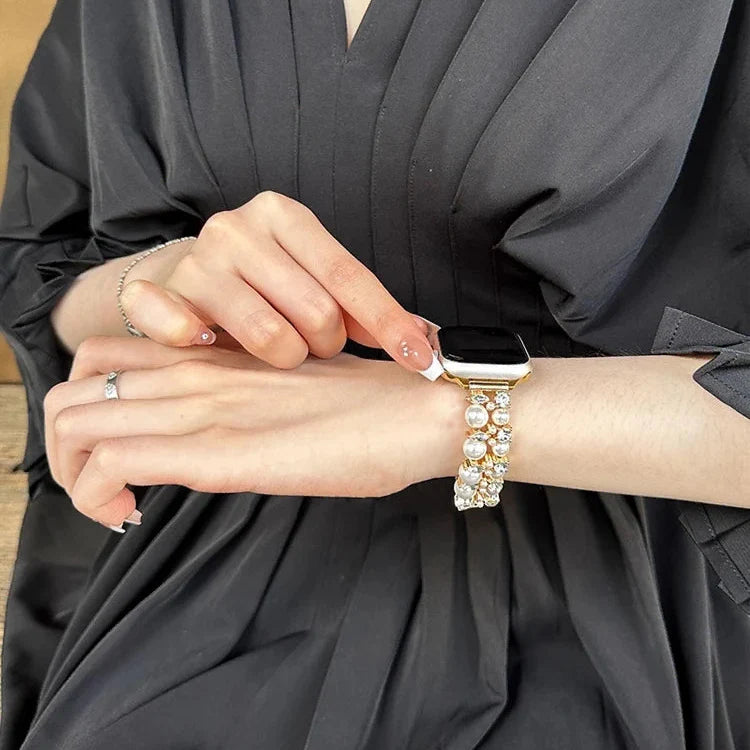 Wymienny pasek do Apple Watch z cyrkoniami i perłami w kolorze złotym
