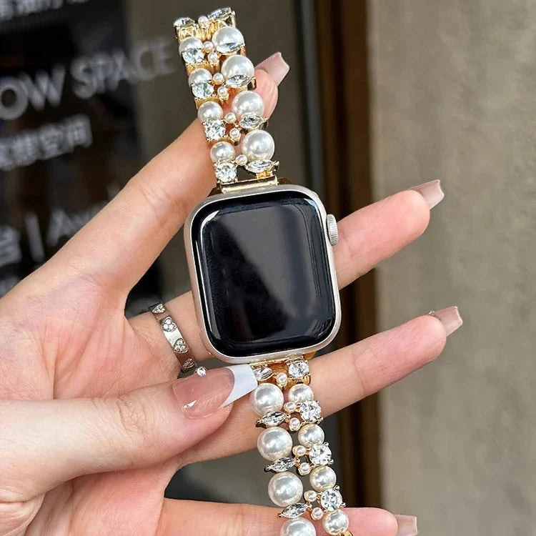 Wymienny pasek do Apple Watch z cyrkoniami i perłami w kolorze złotym z perłą