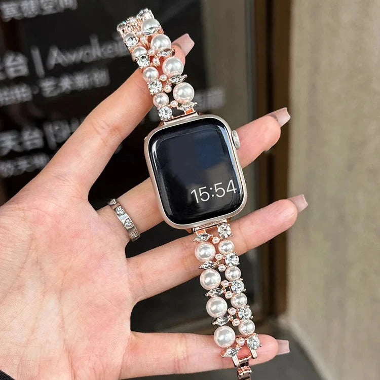 Wymienny pasek do Apple Watch z cyrkoniami i perłami w kolorze różowego złota