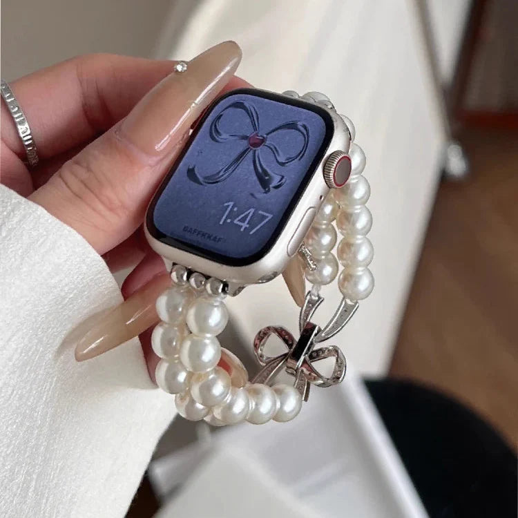 Wymienny pasek do Apple Watch z cyrkoniami i perłami w kolorze białym