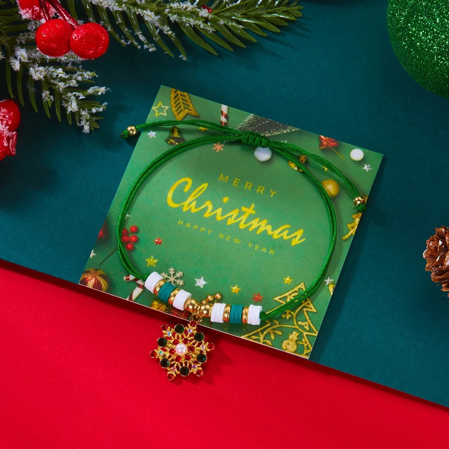 Bransoletka z liny z zielonym wisiorkiem świątecznym płatka śniegu