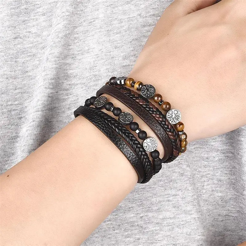 Bracelet En Cuir Arbre de Vie Perles Homme