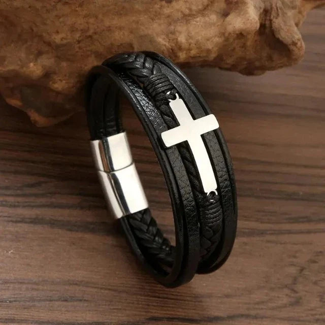 Bracelet en Cuir avec Croix Homme