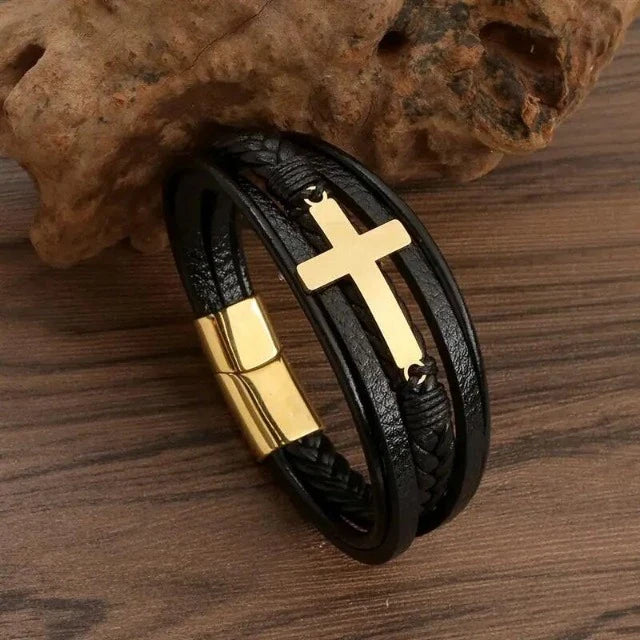 Bracelet en Cuir avec Croix Homme