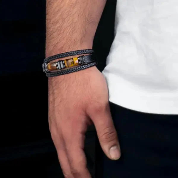 Bracelet en Cuir et Pierres Oeil de Tigre