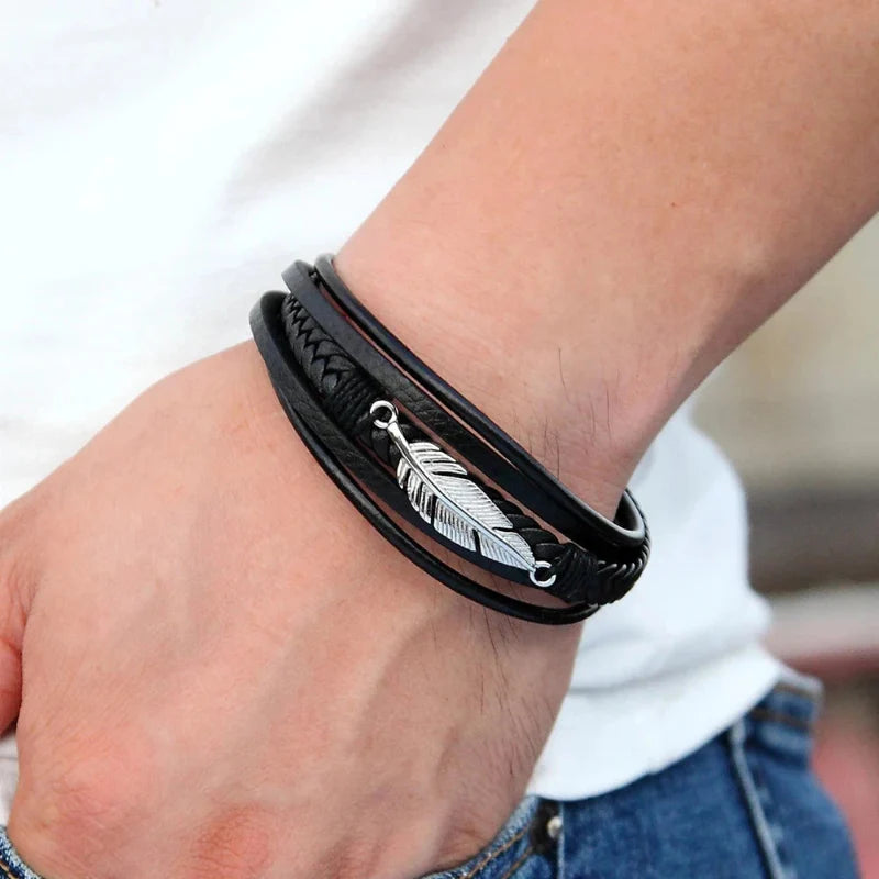Bracelet en Cuir Plume Homme argent