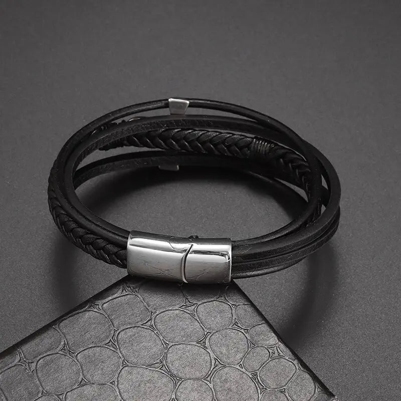 Bransoletka z plecioną skórą egipski krzyż Ankh srebrny