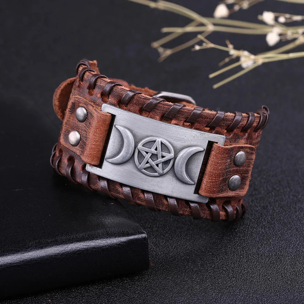 Bracelet Triple Lune en Cuir Sorcellerie Wiccan 9