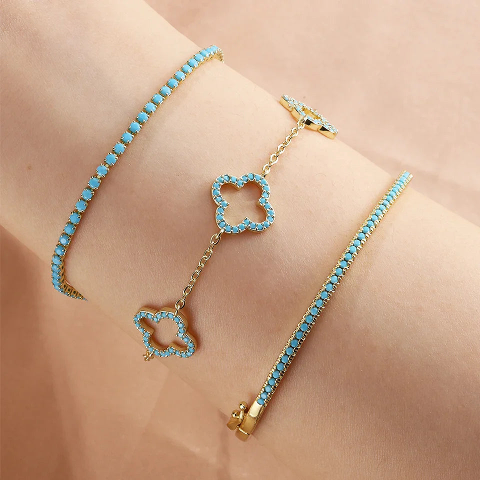 Lot de 3 Bracelets avec Trèfles à 4 Feuilles en Zircon Bleu