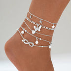 Bransoletki na kostkę w stylu boho z motywem nieskończoności (zestaw 5) srebrne