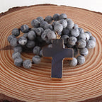 Różaniec Krzyż Naszyjnik Wisiorek z Naturalnych Kamieni szary