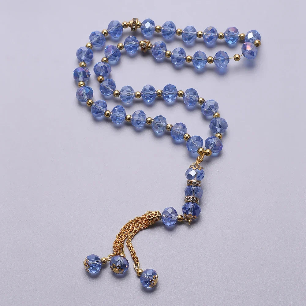 Elegancki muzułmański różaniec - islamski tasbih 33 niebieskie i złote koraliki