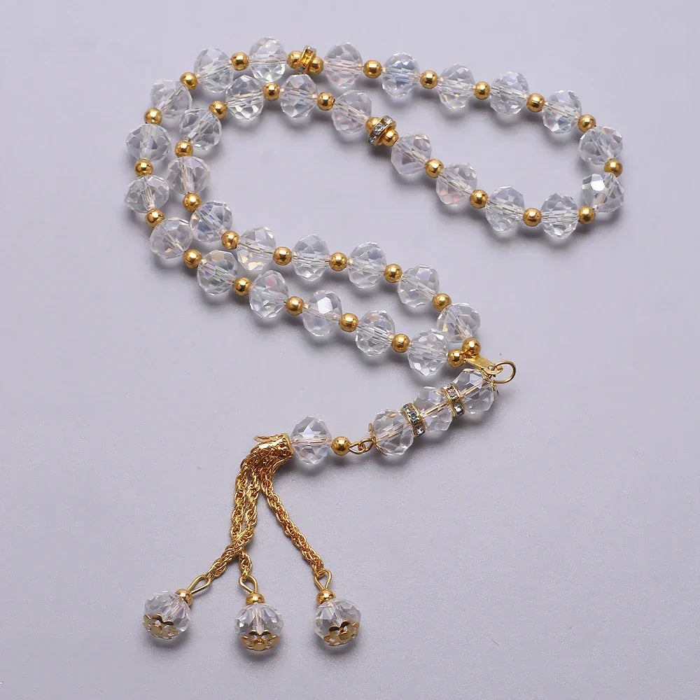 Elegancki muzułmański różaniec - islamski tasbih 33 kryształowe i złote koraliki