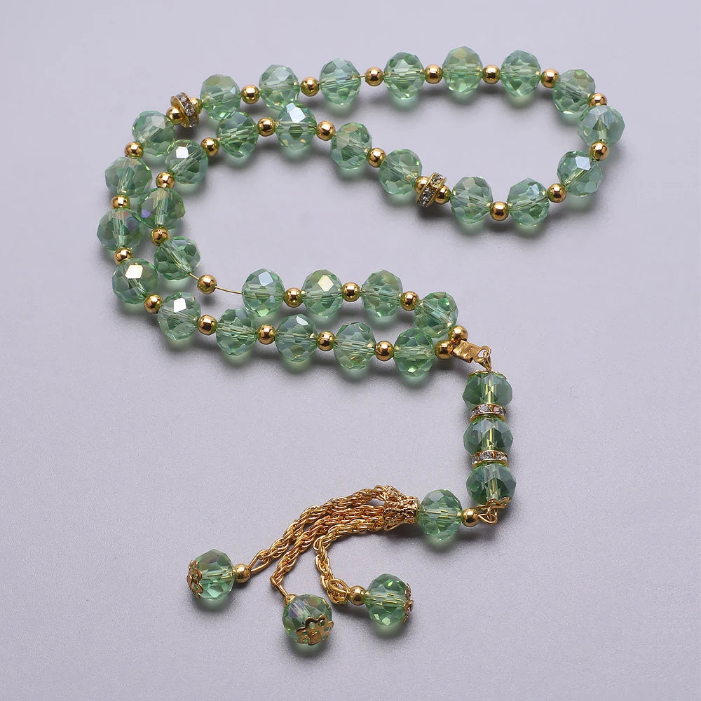 Elegancki muzułmański różaniec - islamski tasbih 33 koraliki jadeitowozielone i złote