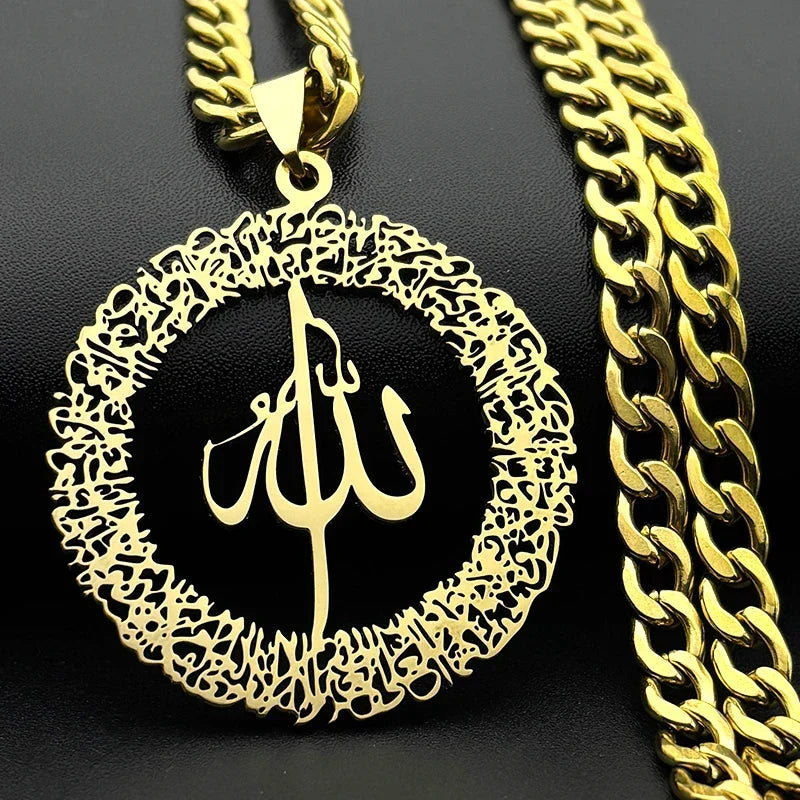 Naszyjnik o dużych ogniwach z zawieszką Allah arabski islam muzułmański złoty