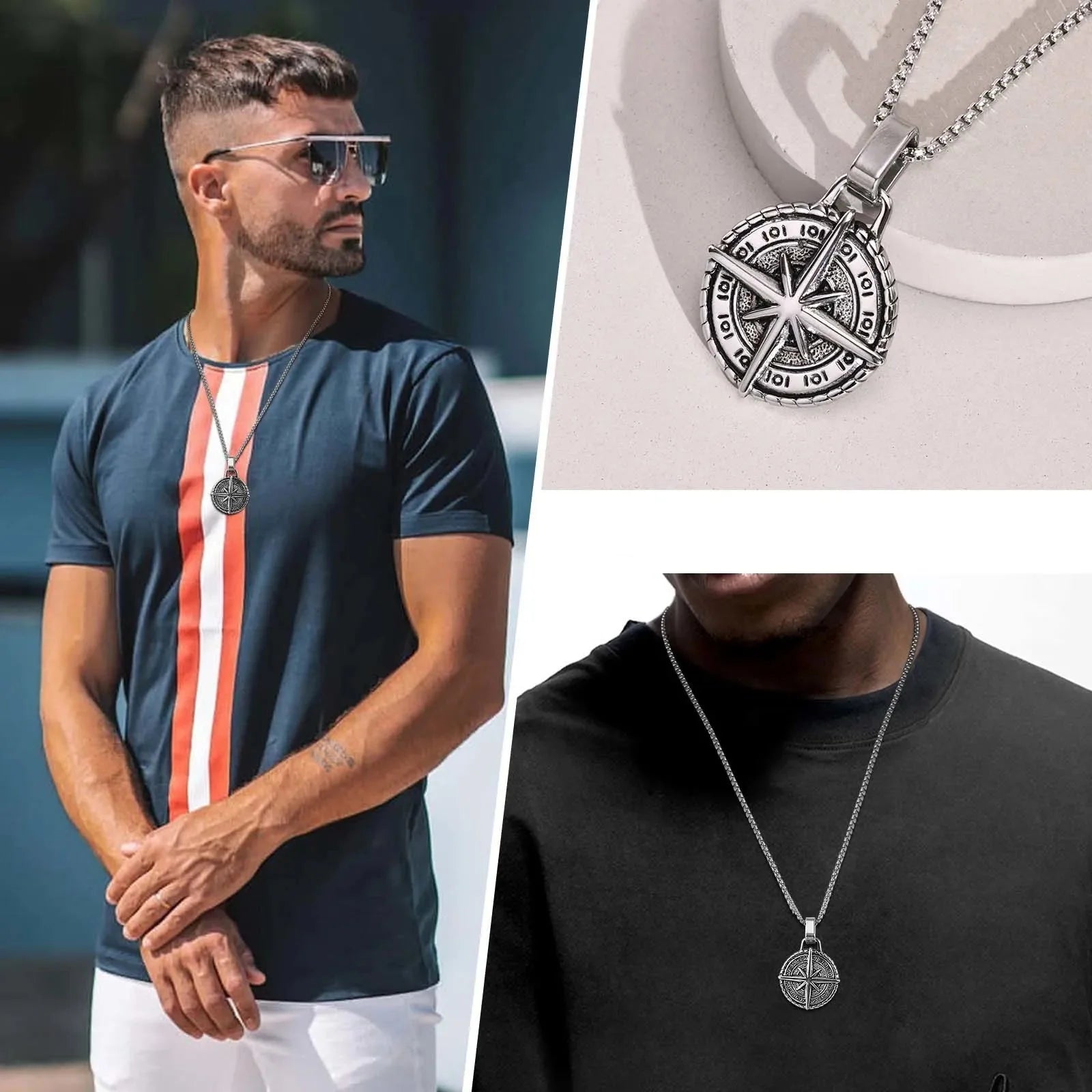 Collier avec Pendentif Boussole Rose des Vents pour Homme argent
