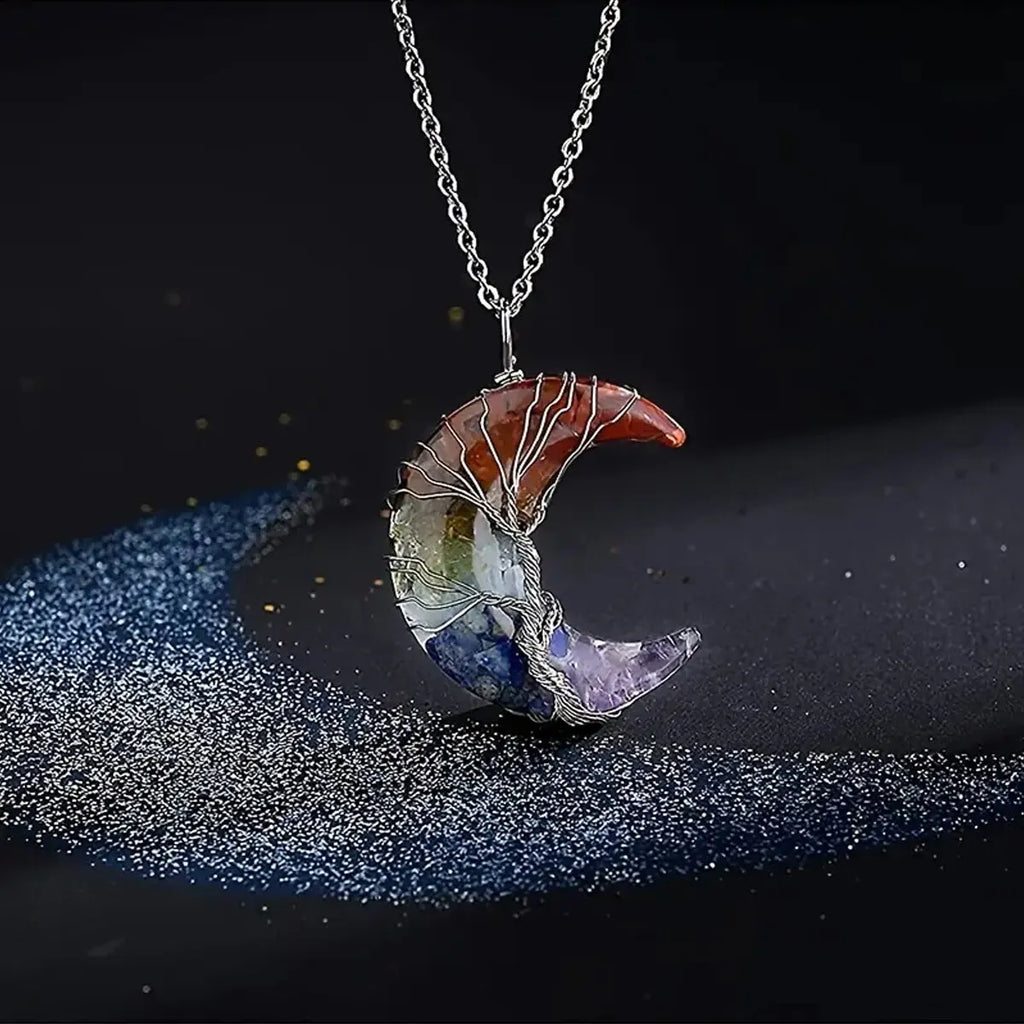Collier avec Pendentif Croissant de Lune 7 Chakras