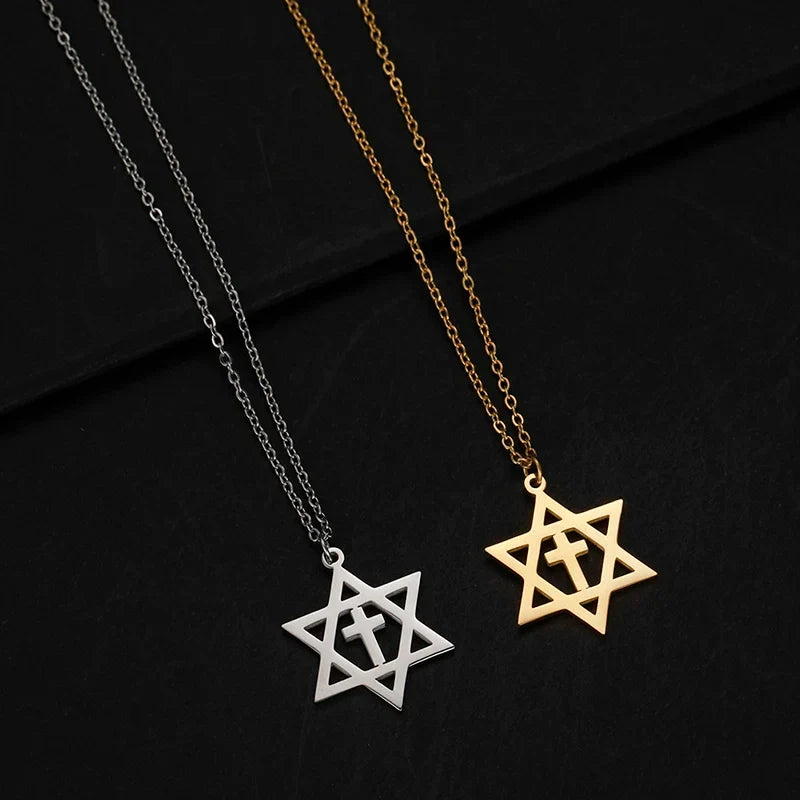 Naszyjnik z zawieszką w kształcie krzyża i Gwiazdy Dawida, ortodoksyjne symbole żydowskie, złoty