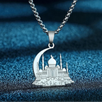Naszyjnik z wisiorkiem w kształcie meczetu na islamskim arabskim półksiężycu, srebrny