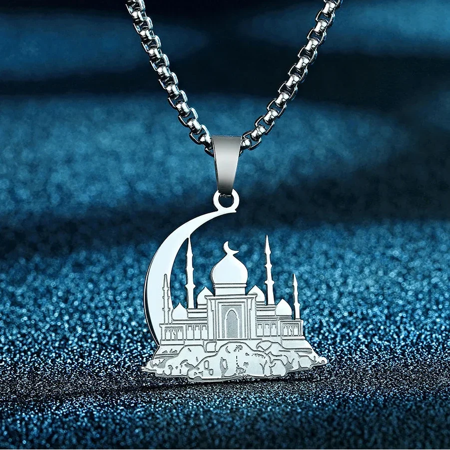 Naszyjnik z wisiorkiem w kształcie meczetu na islamskim arabskim półksiężycu, srebrny