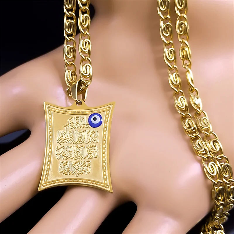 Długi naszyjnik z zawieszką-amulet Ayatul Kursi arabski islam muzułmański złoty