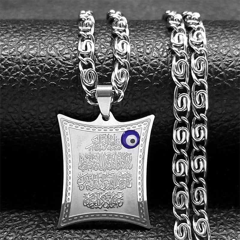 Długi naszyjnik z zawieszką-amulet Ayatul Kursi arabski islam muzułmański srebrny