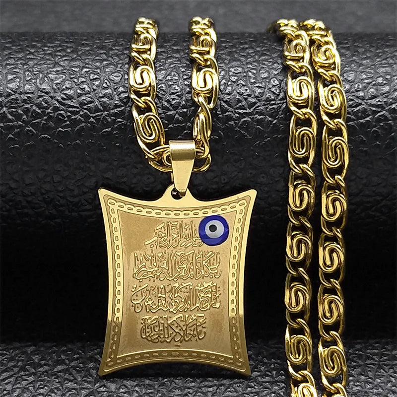 Długi naszyjnik z zawieszką-amulet Ayatul Kursi arabski islam muzułmański złoty