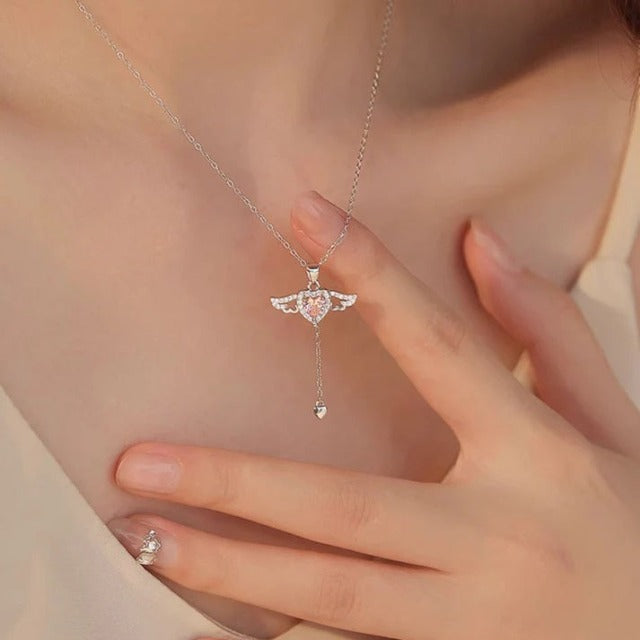 Halskæde Hjerte Engelvinger rosa