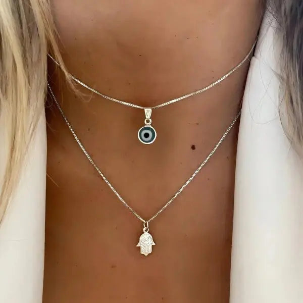 Collier Double avec Pendentif Oeil Bleu Turc et Main de Fatma argent