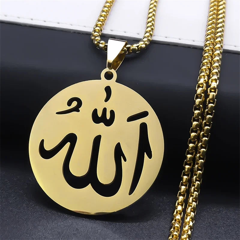 Długi naszyjnik z wisiorkiem Allah islam muzułmański dla mężczyzny lub kobiety złoty 