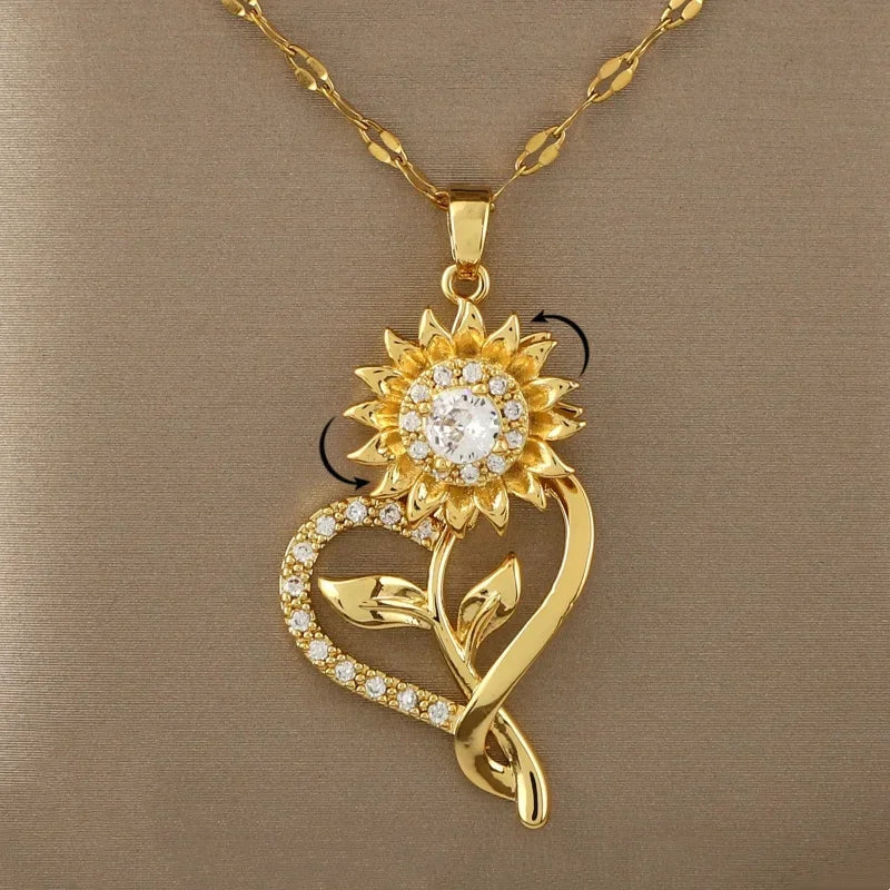 Collier Pendentif avec Coeur et Fleur de Tournesol Tournant Anti-Stress
