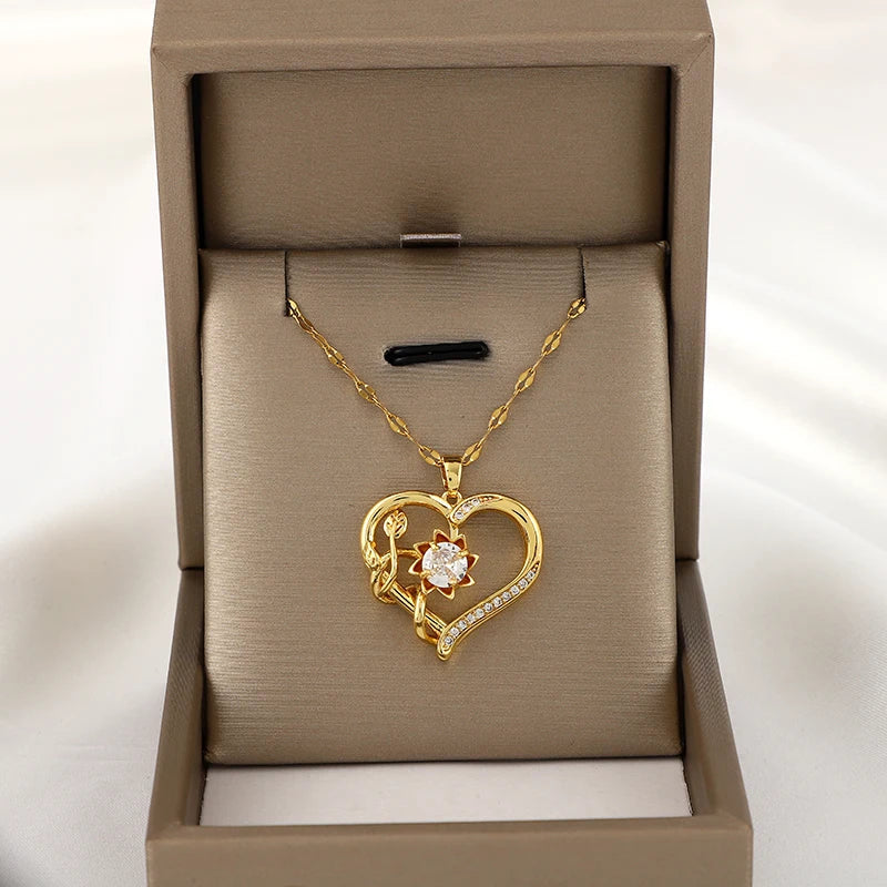 Collier Pendentif avec Coeur et Fleur Tournante Anti-Stress
