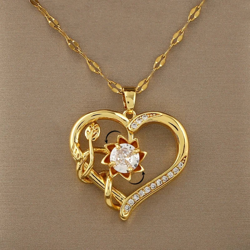 Collier Pendentif avec Coeur et Fleur Tournante Anti-Stress