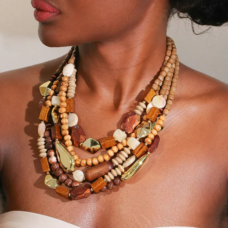 Collier Pendentif de Perles et Bois marron