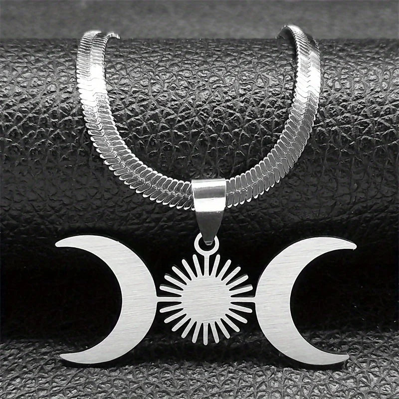 Collier Pendentif Triple Lune Sorcellerie Wiccan argent