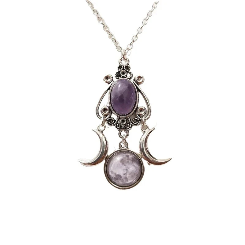 Collier Pendentif Triple Lune Sorcellerie Wiccan Femme violet