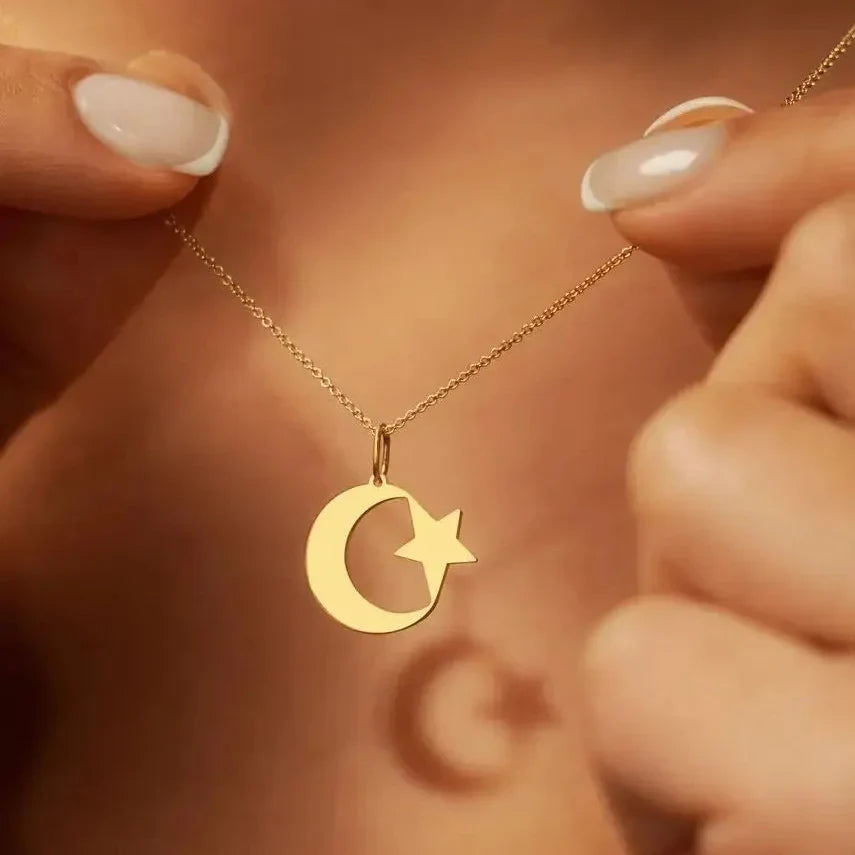 Naszyjnik damski z symboliczną zawieszką islamu – półksiężyc i arabska gwiazda, złoty