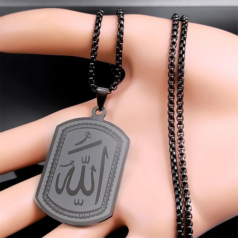 Naszyjnik dla mężczyzny lub kobiety z sześciokątną zawieszką Allah arabski muzułmański islam czarny 60 cm