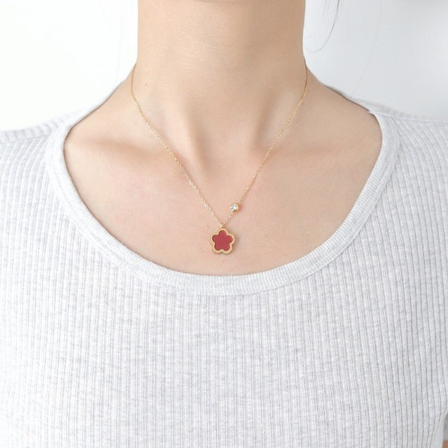 Collier Trèfle Nacré Chaîne Dorée Pendentif pour Femme rouge
