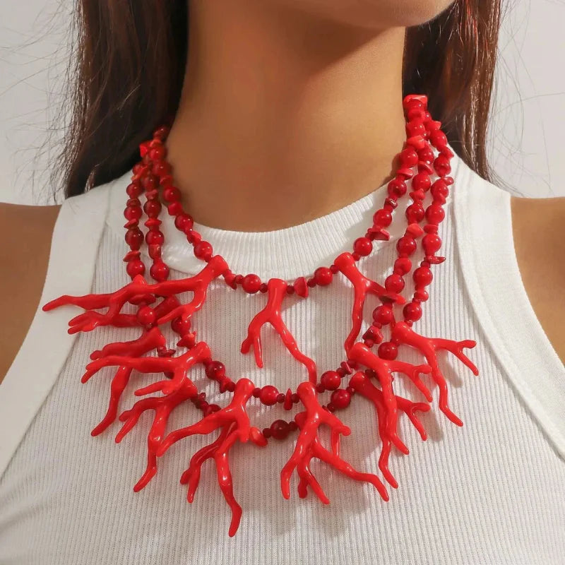 Collier Triple Rang Ras de Cou Corail rouge