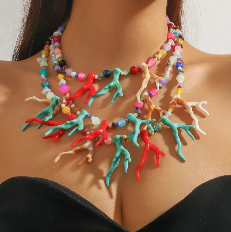 Collier Triple Rang Ras de Cou Corail Multicolore